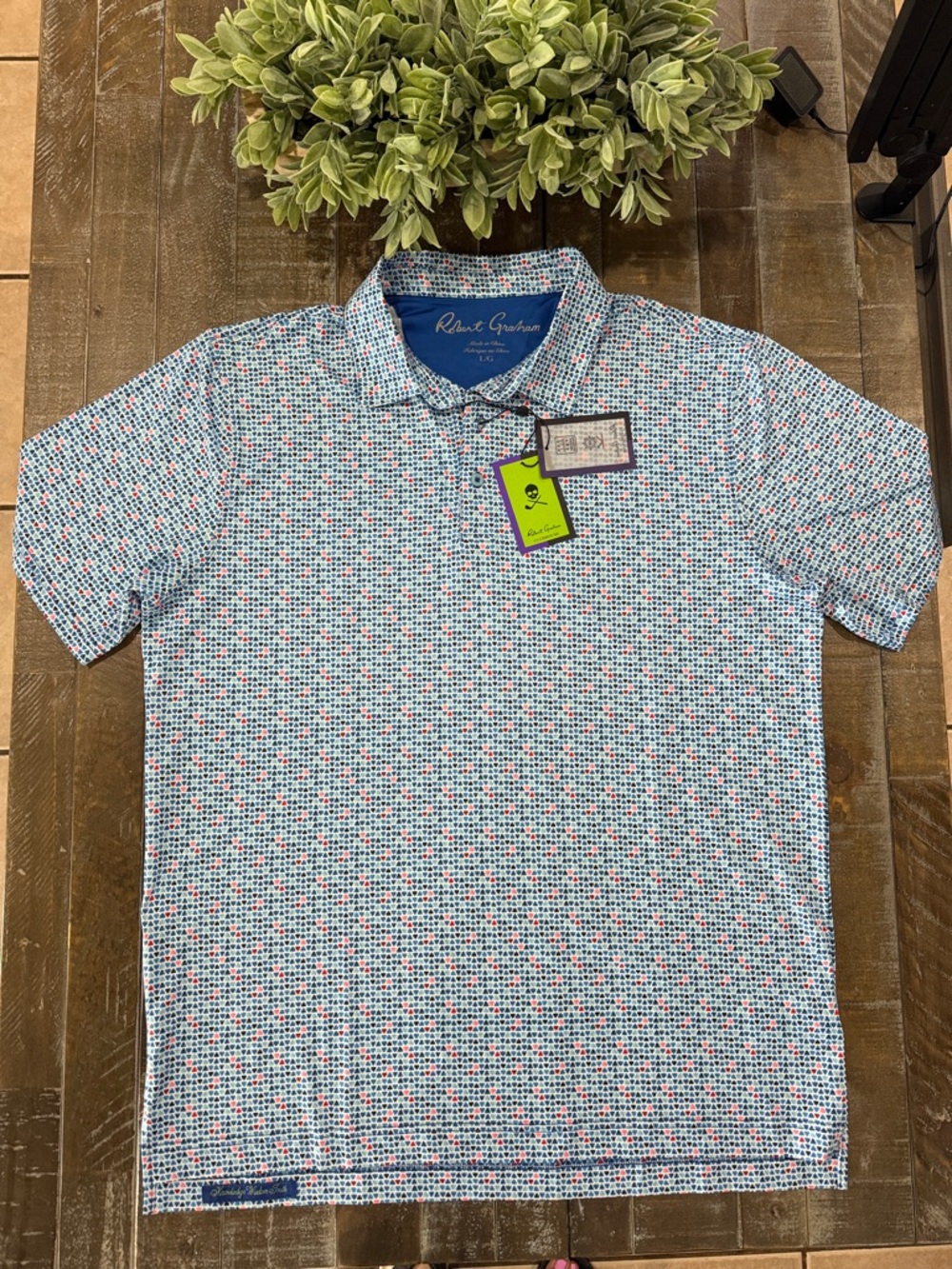 Robert Graham Galan Clubhouse Performance Golf Polo - Blue Geometric Pattern - L